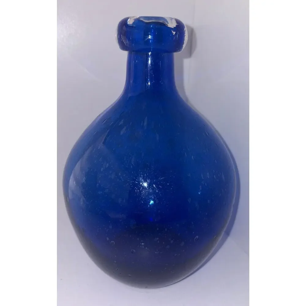 Hand Blown Blue Glass Vase w/ Pontil Bubbles